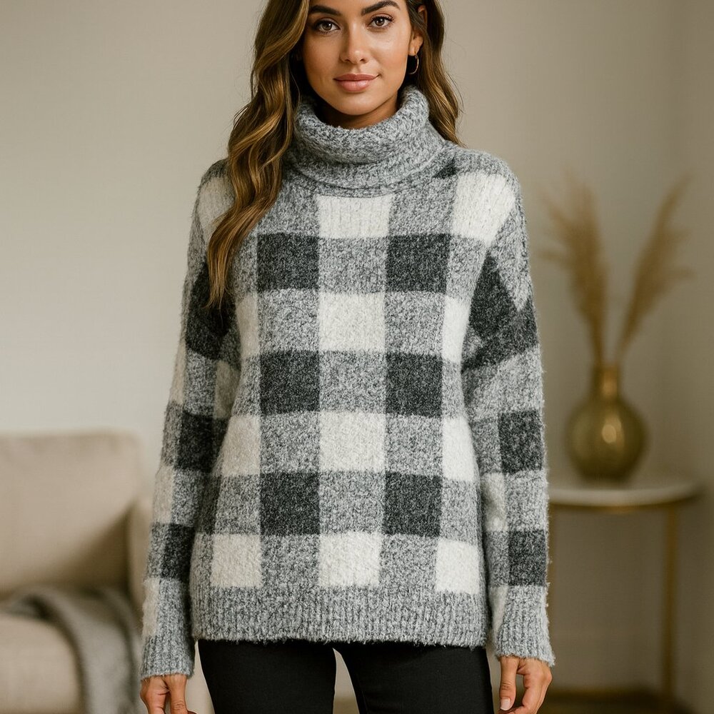 Kut from the Kloth Evea Buffalo Plaid Plush Over-sized Turtleneck Sweater
